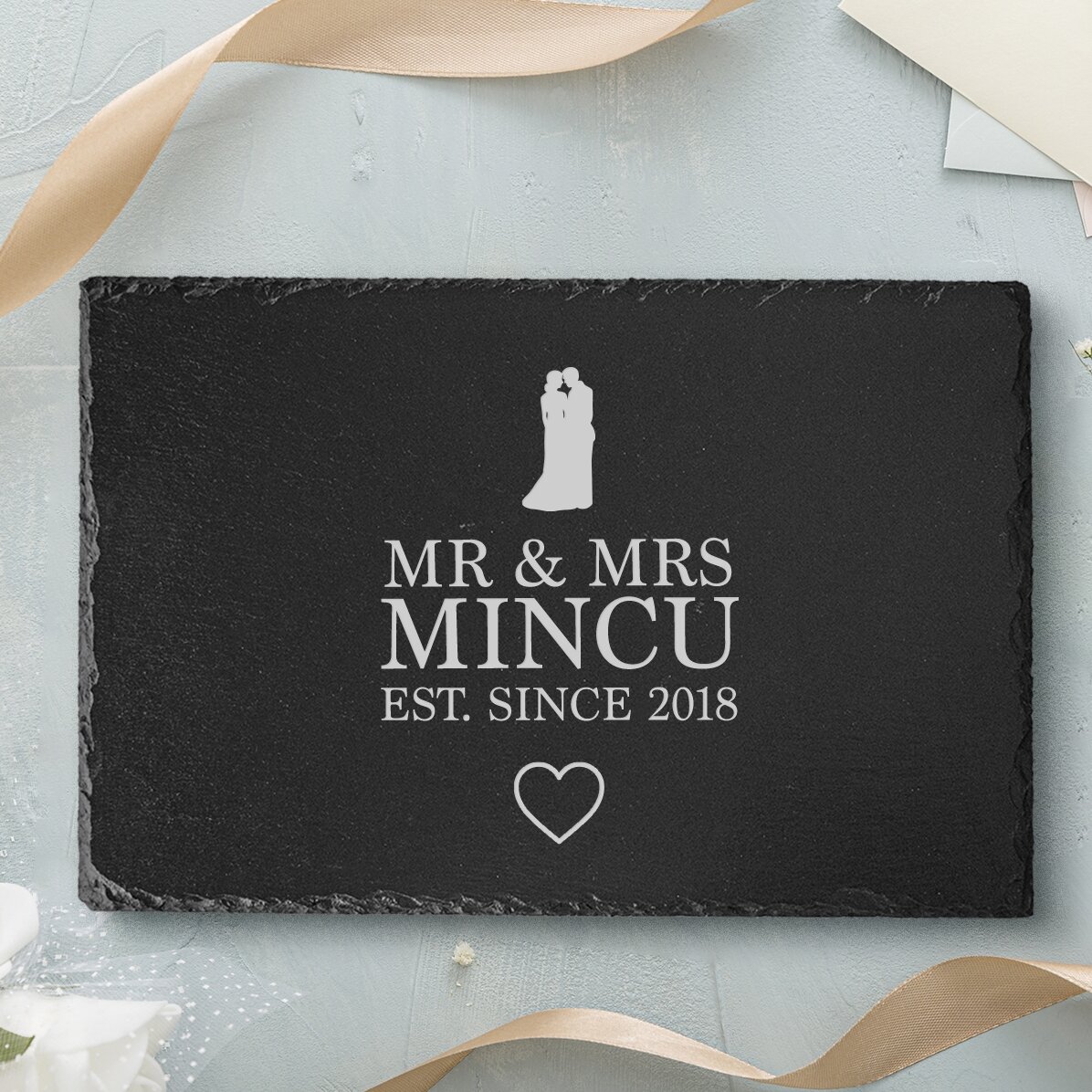 Placă de ardezie gravată personalizată cu text - Mr & Mrs