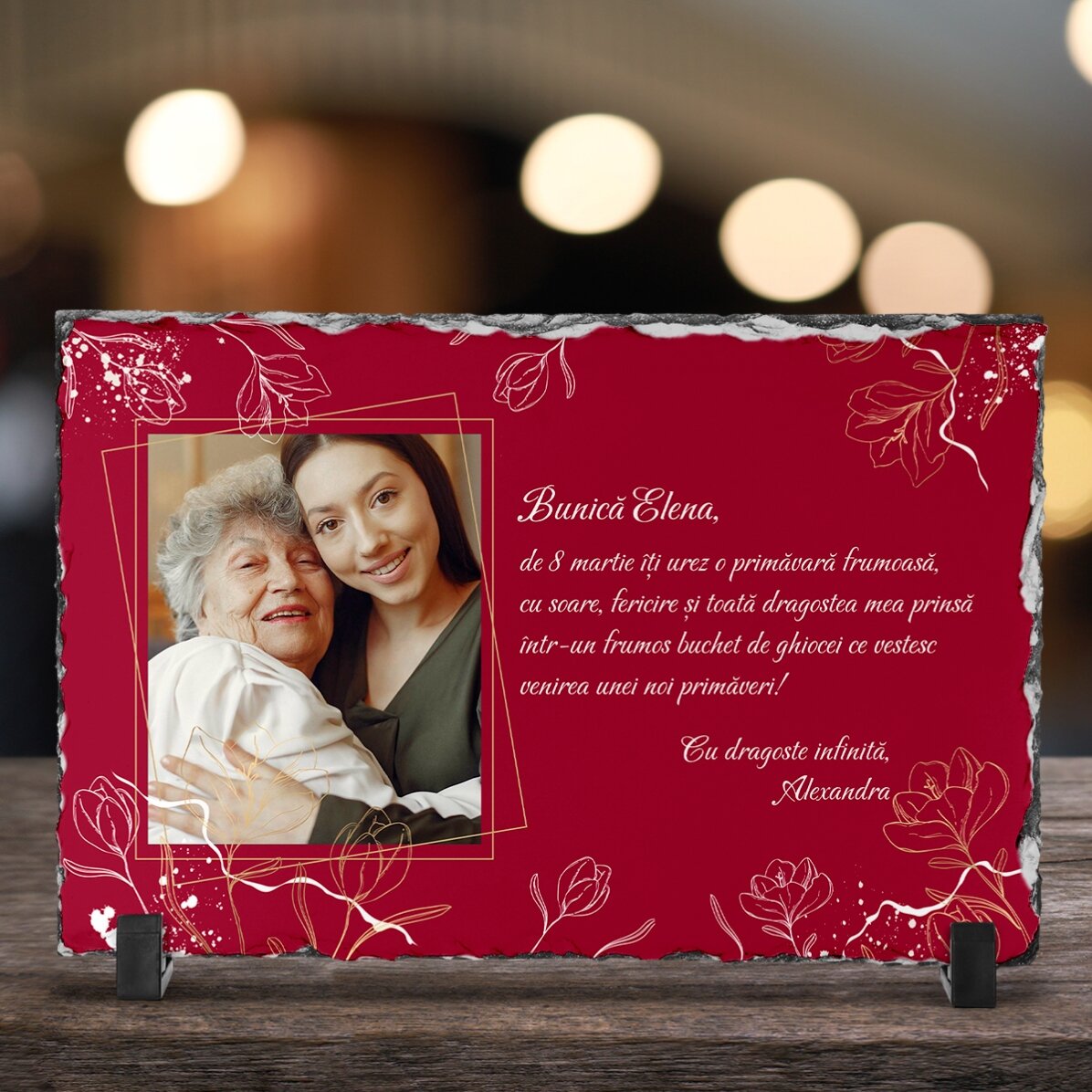 Placă de ardezie personalizată cu o poză și mesaj - Flowers