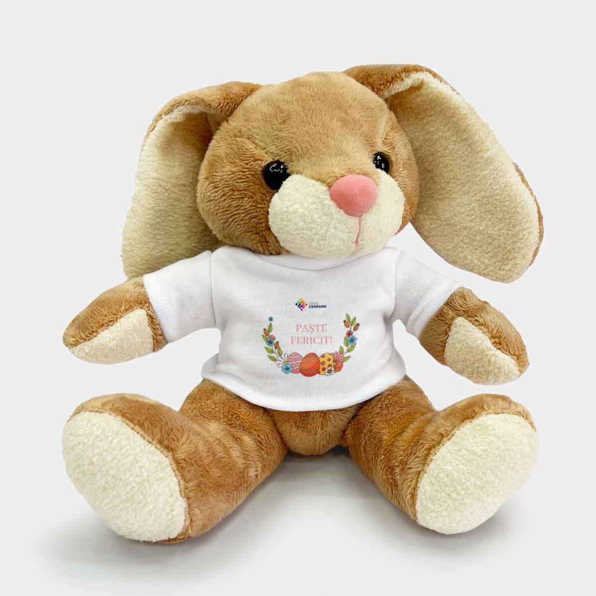 Pluș iepure personalizat cu logo și mesaj de Paște
