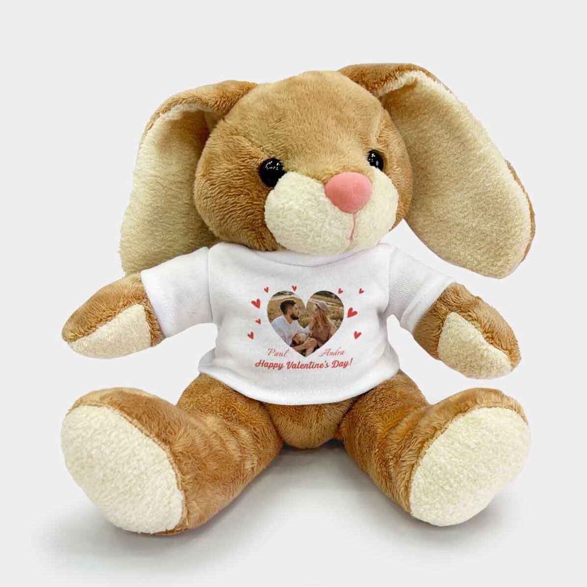 Pluș iepure personalizat cu o poză și text - Inimioare