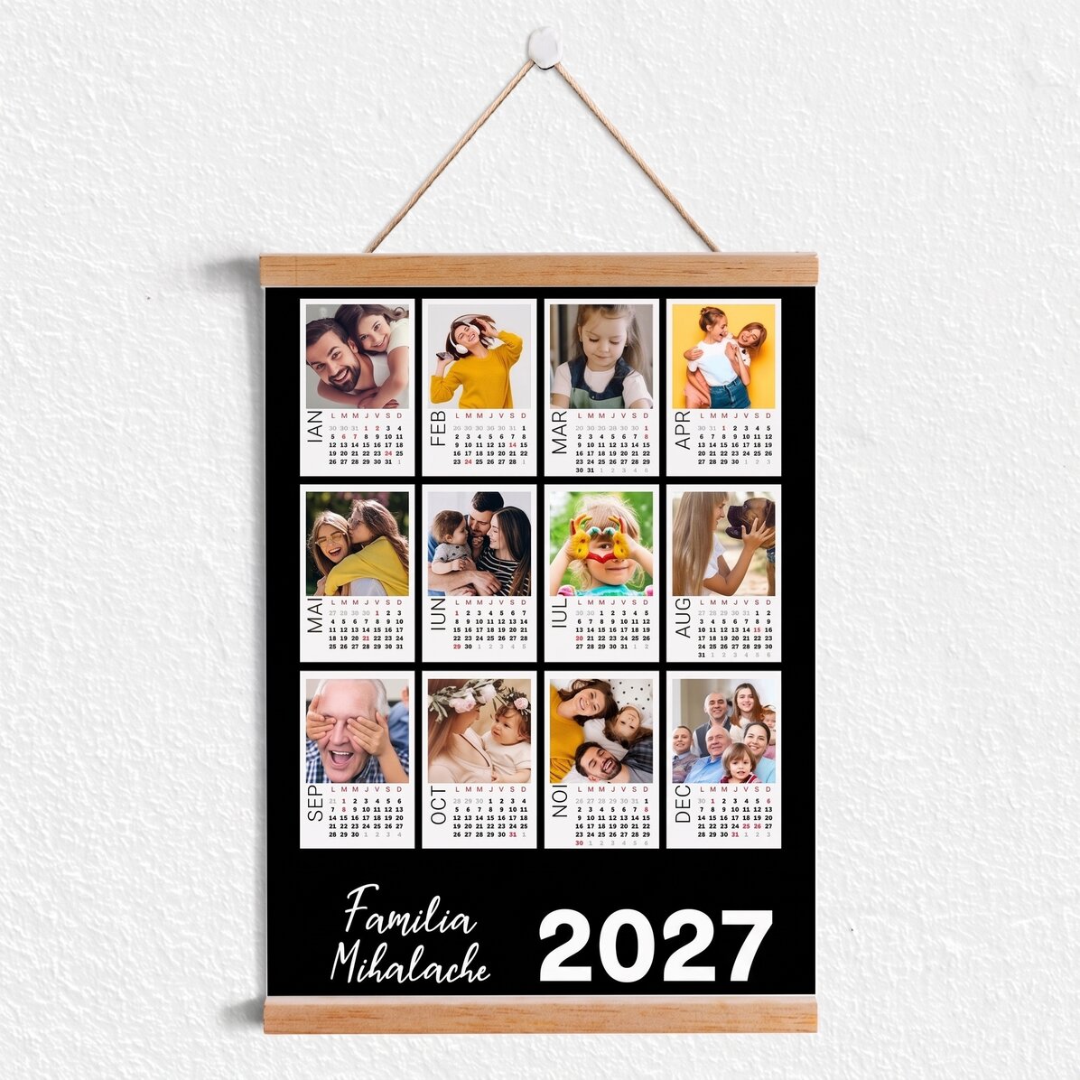 Personalised calendar poster with hangers, featuring 12 Polaroid photos and a colourful background