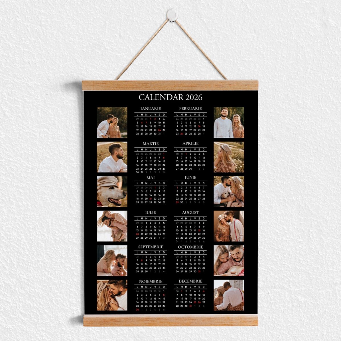 Poster calendar cu agățătoare personalizat cu 12 poze și text