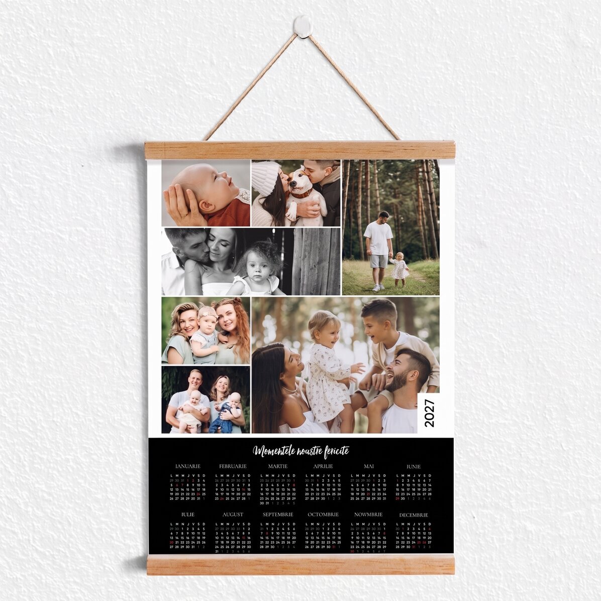 Personalised calendar poster with hangers, featuring 7 photos and text