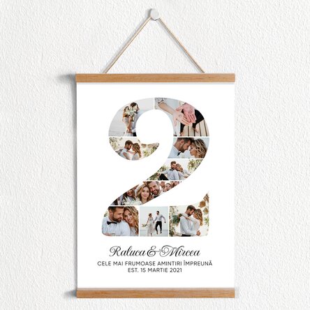 Poster cu agățătoare personalizat cu cifra 2, fotografii și mesaj - Aniversare relație