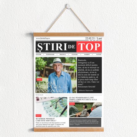 Poster cu agățătoare personalizat cu o poză și text - Pensionarea, știrea zilei