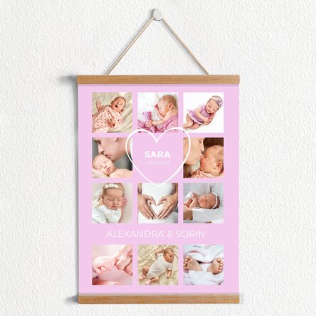 Poster cu agățătoare personalizat cu text și 11 poze - Baby girl