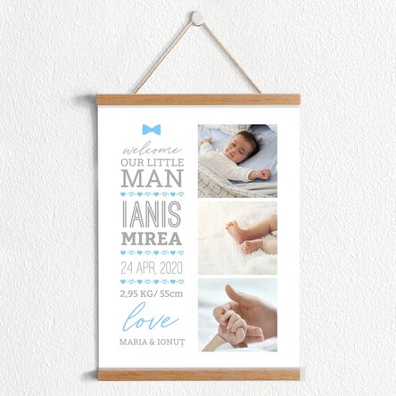 Poster cu agățătoare personalizat cu text și 3 poze - Hello, baby (Băiat)