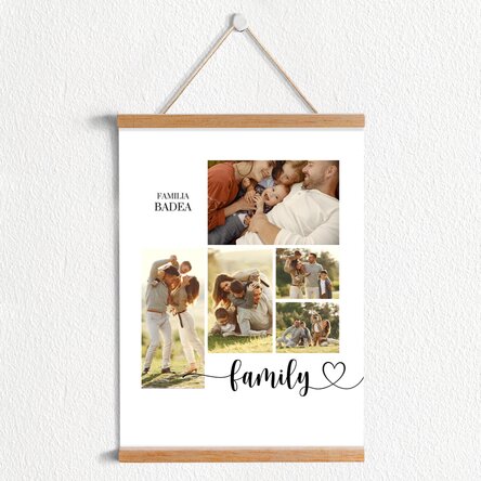 Poster cu agățătoare personalizat cu text și 5 poze - Our family