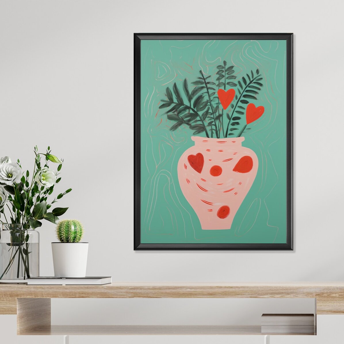 Poster Ilustrație plante în ghiveci și inimioare desenate