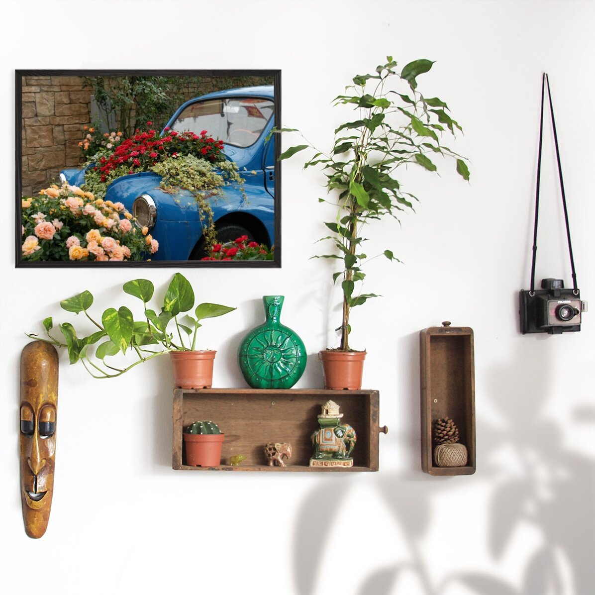 Poster Mașină albastra vintage cu flori