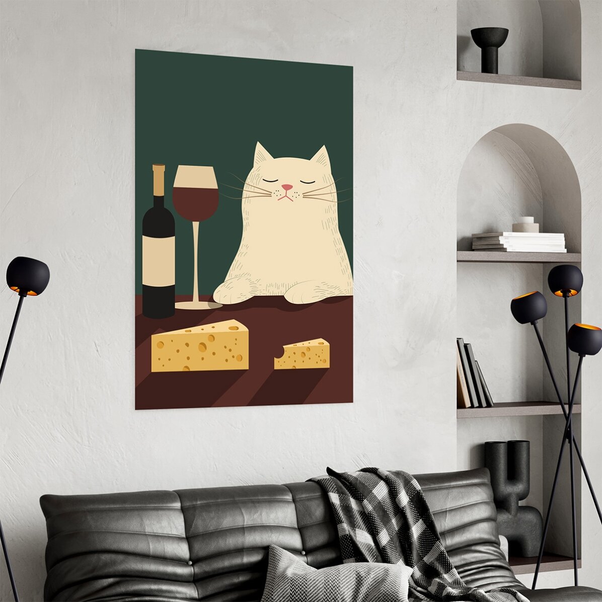 Poster Pisică, vin și brânză