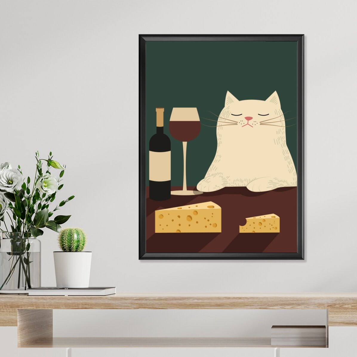 Poster Pisică, vin și brânză