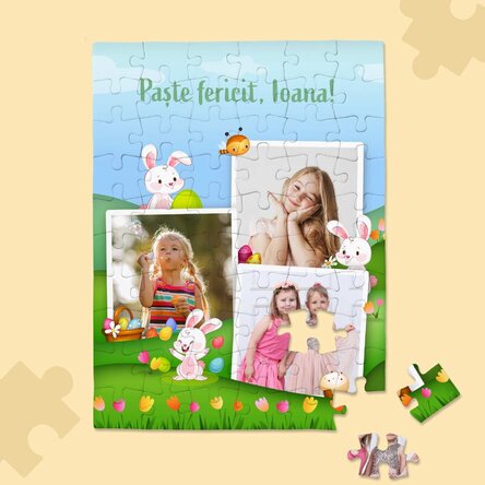 Puzzle personalizat pentru copii cu 3 poze și text 20x15 cm - Paște fericit!