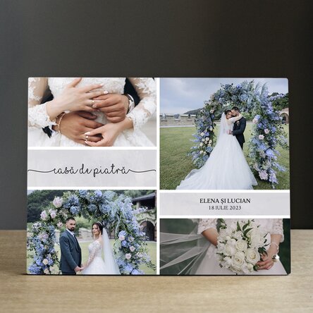 Ramă foto de birou personalizată cu 4 poze și text - Casă de piatră