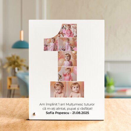 Ramă foto de birou personalizată cu 7 poze și text - One year anniversary