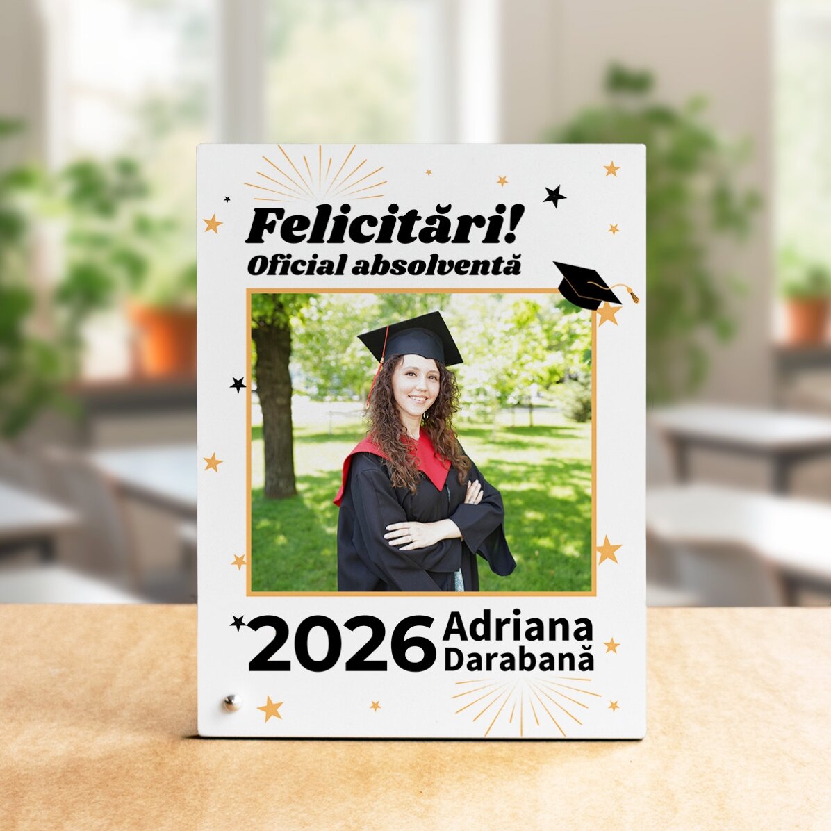 Ramă foto de birou personalizată cu poză și text - Oficial absolventă 