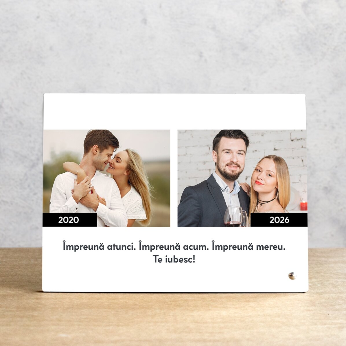 Ramă foto de birou personalizată cu text și 2 poze - Atunci și acum