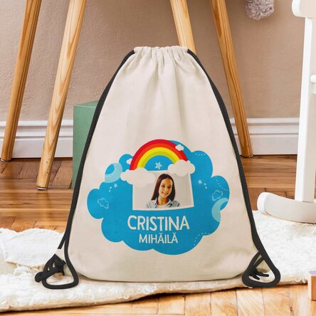 Rucsac personalizat cu nume și poză - Model curcubeu
