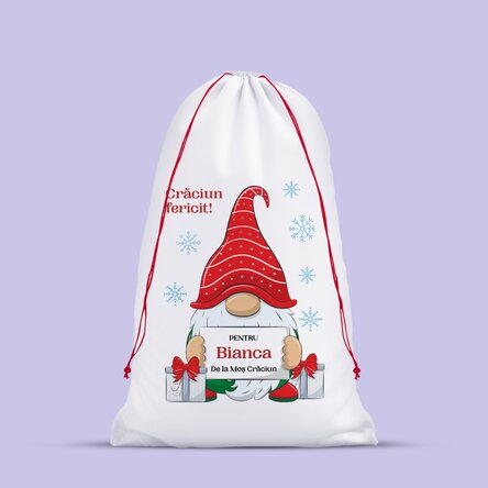 Sac alb pentru cadouri personalizat mesaj - Gnom de Crăciun