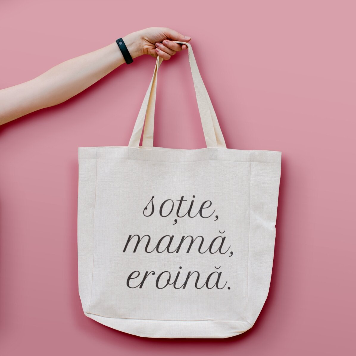 Sacoșă personalizată cu text - Soție, Mamă, Eroină.