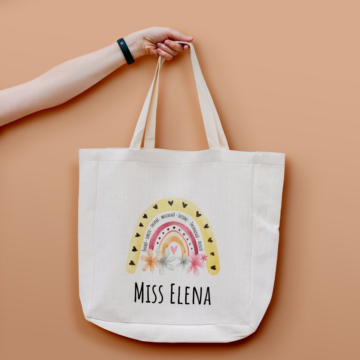 Sacoșă personalizată cu nume pentru învățătoare