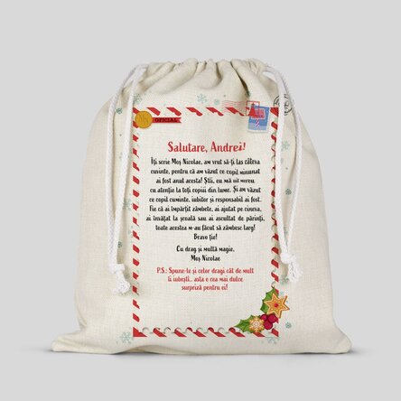 Săculeț mediu pentru cadouri personalizat cu nume - Scrisoare de la Moș Nicolae