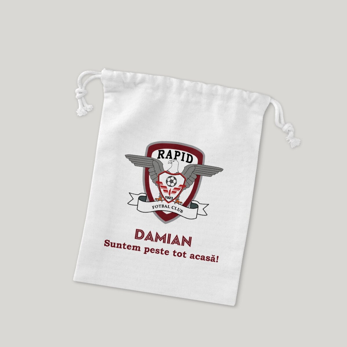 Săculeț mic pentru cadouri FC Rapid personalizat cu nume și mesaj