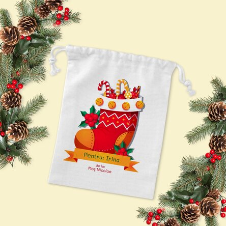 Săculeț mic pentru cadouri personalizat cu nume - de la Moș Nicolae