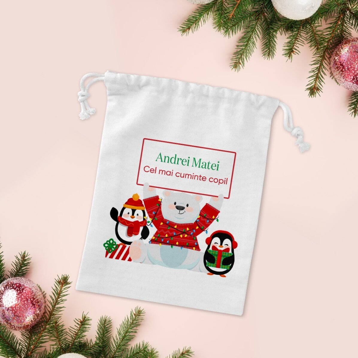 Săculeț mic pentru cadouri personalizat cu text - Crăciun