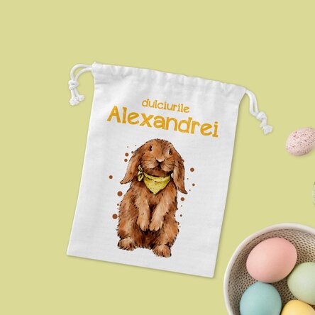 Săculeț mic pentru cadouri personalizat cu text - Iepurașul cu dulciuri