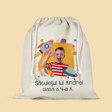 Săculeț pentru grădiniță personalizat cu text și o poză - Space rocket