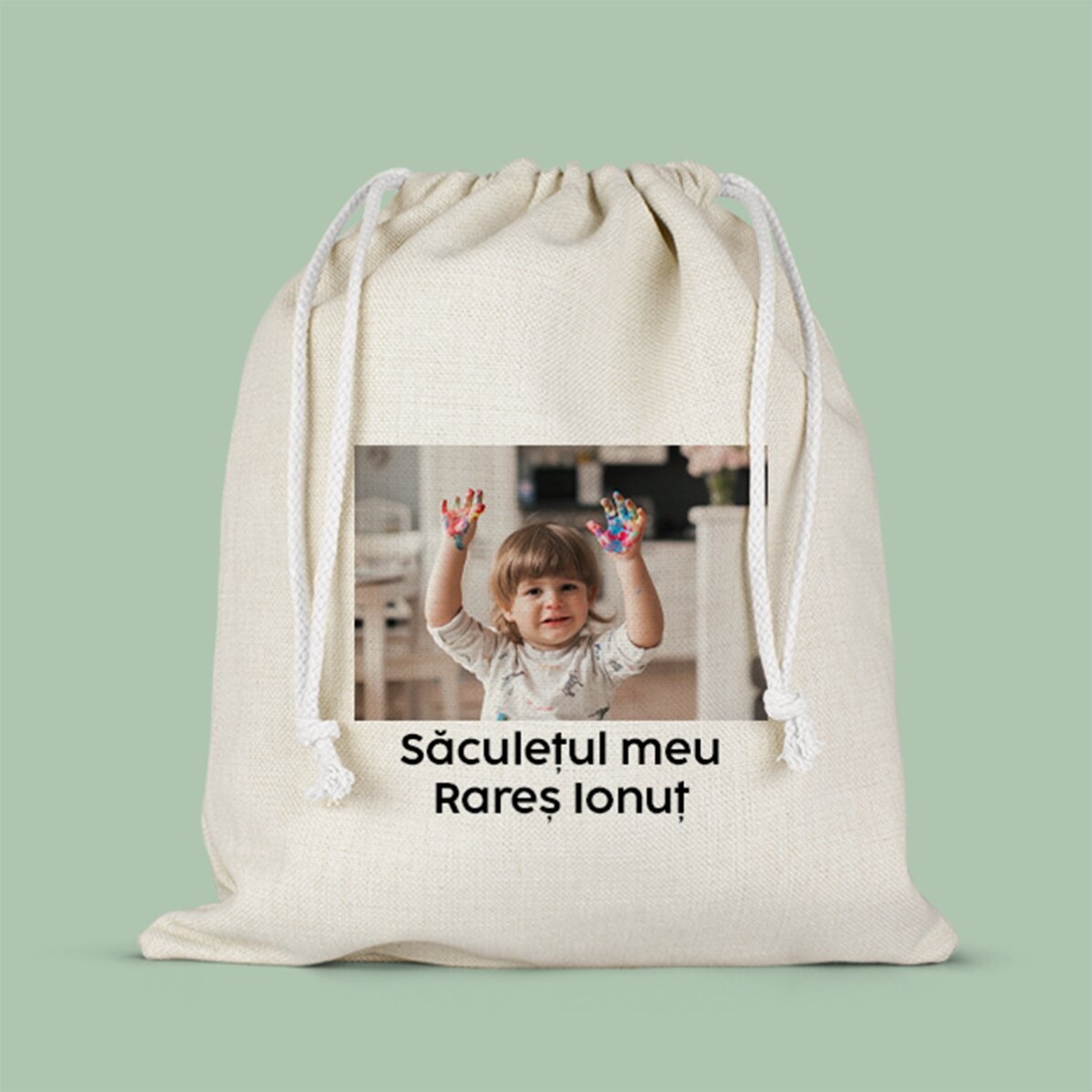 Săculeț personalizat cu text și o poză 