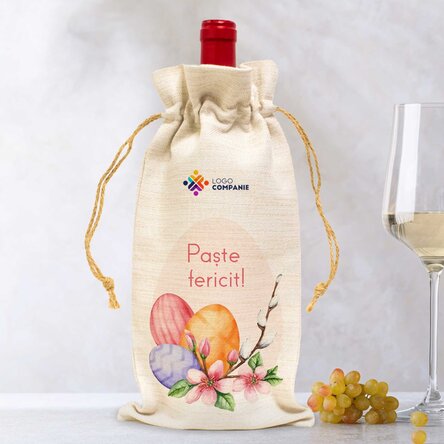 Săculeț personalizat pentru sticlă de vin cu logo și text - Paște Fericit!
