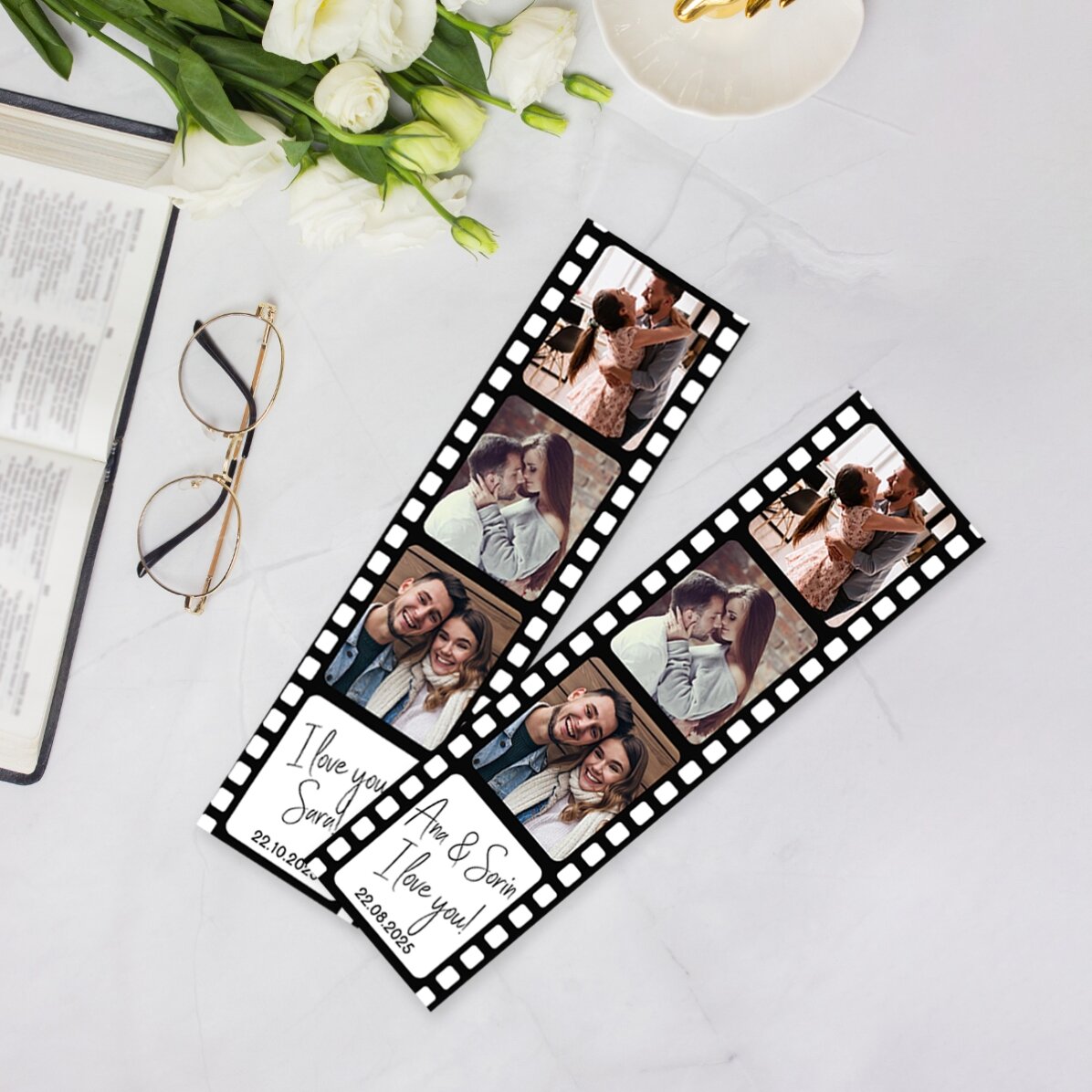 Semn de carte personalizat cu 3 poze și text - Love story