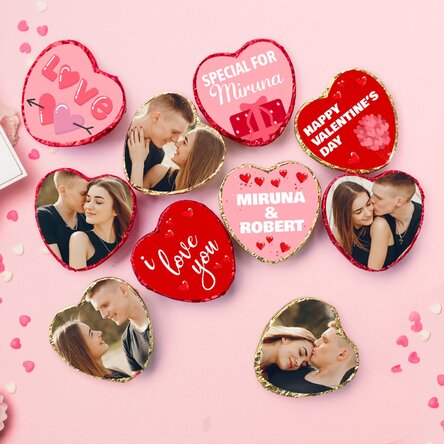 Set 10 mini ciocolățele inimioară personalizate cu poze și text - Love