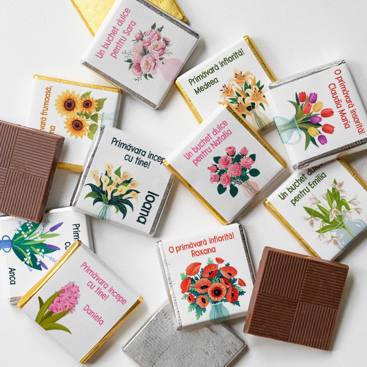 Set 10 mini ciocolățele personalizate cu text - Flowers