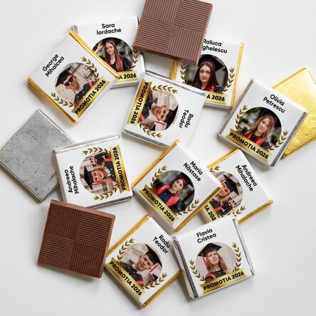 Set 10 mini ciocolățele personalizate cu text și poză pentru absolvenți