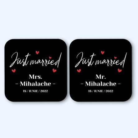 Set 2 suporturi de pahar personalizate cu text - Just Married