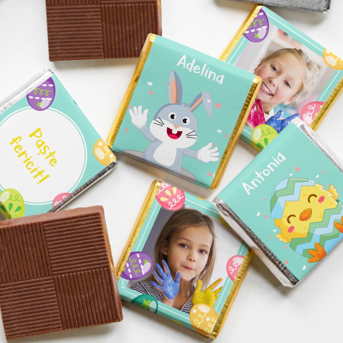 Set 5 mini ciocolățele personalizate cu poze și text - Paște
