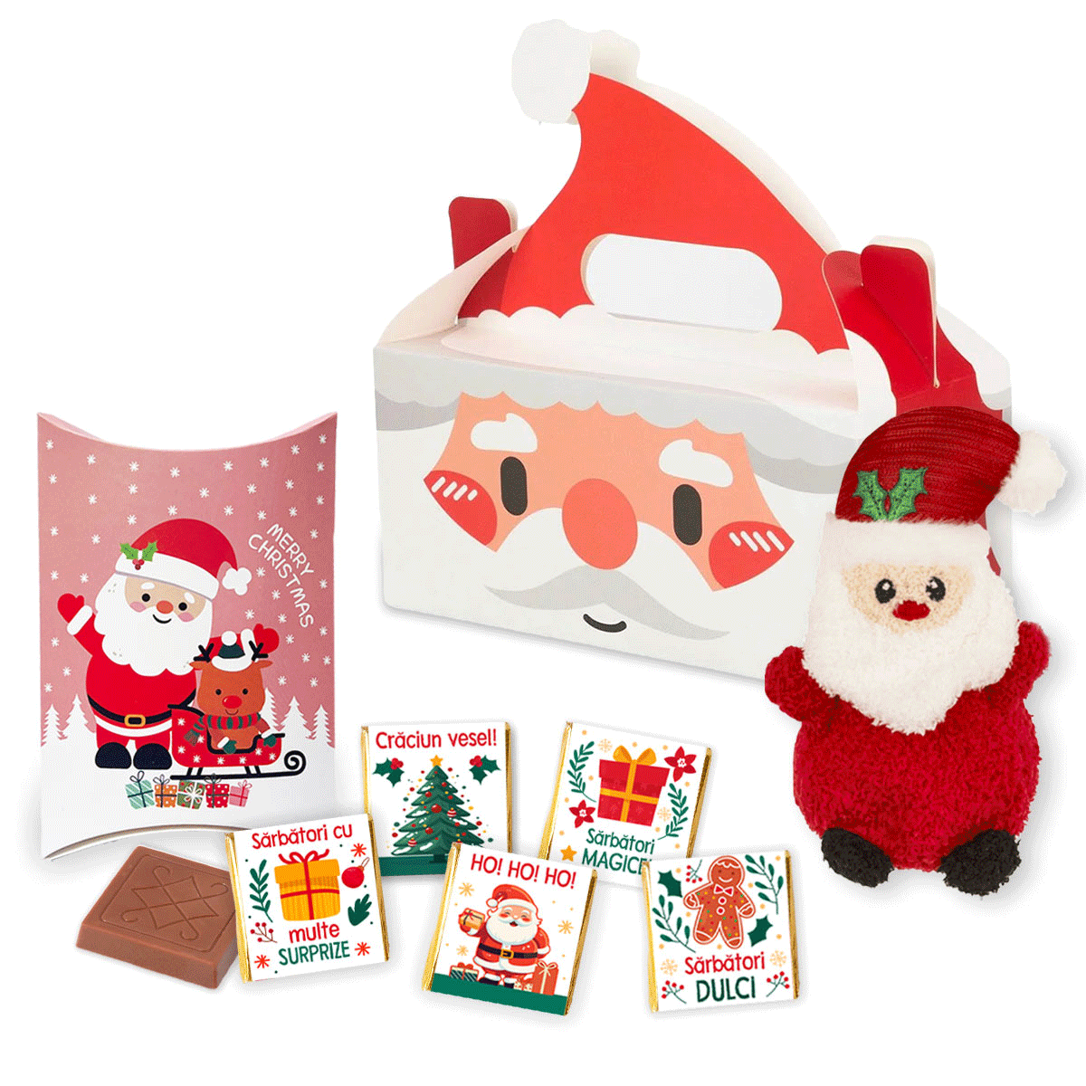 Set cadou cu 5 mini ciocolățele și pluș - Moș Crăciun