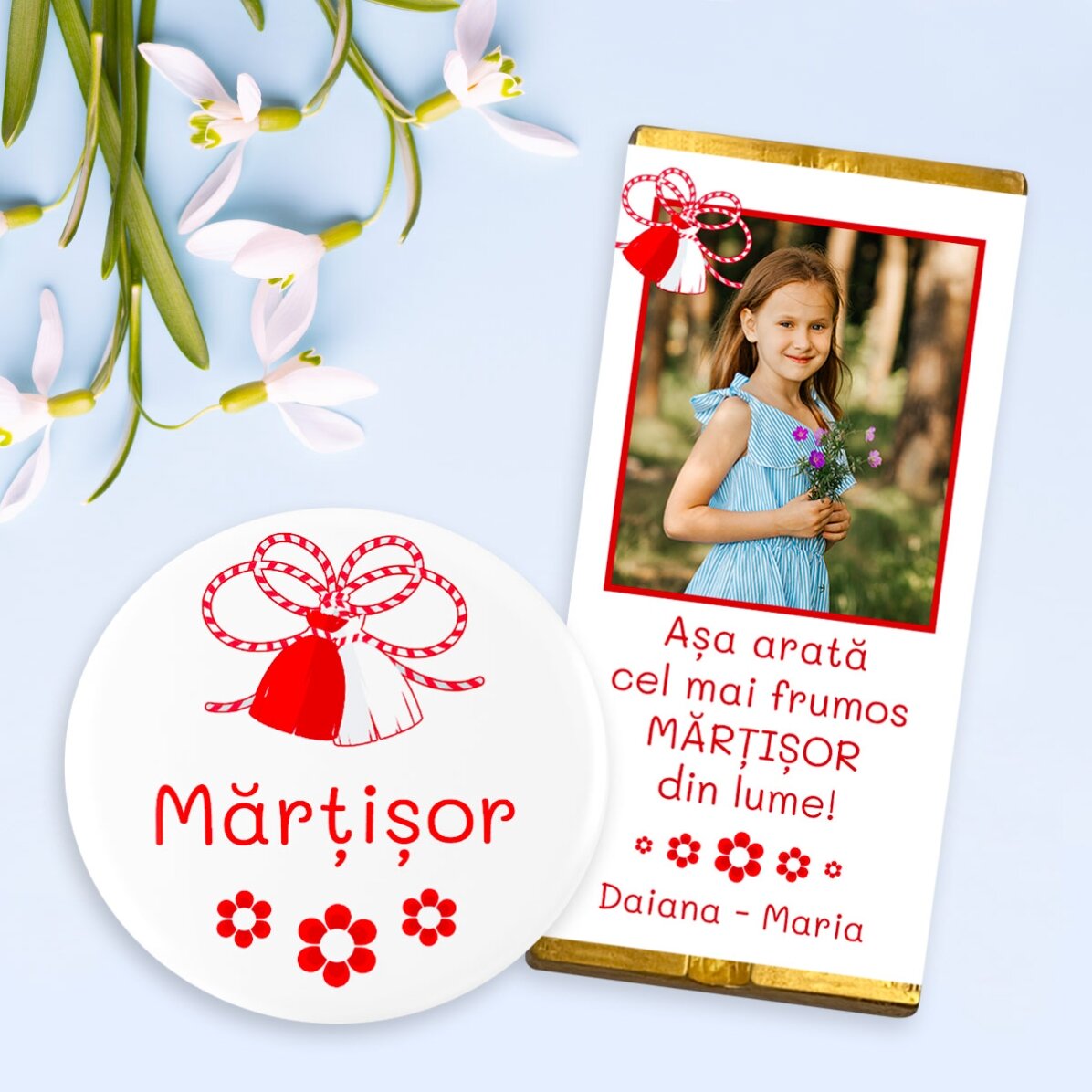 Set cadou cu insignă și mini tabletă de ciocolată personalizată cu poză și text 