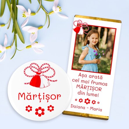 Set cadou cu insignă și mini tabletă de ciocolată personalizată cu poză și text 