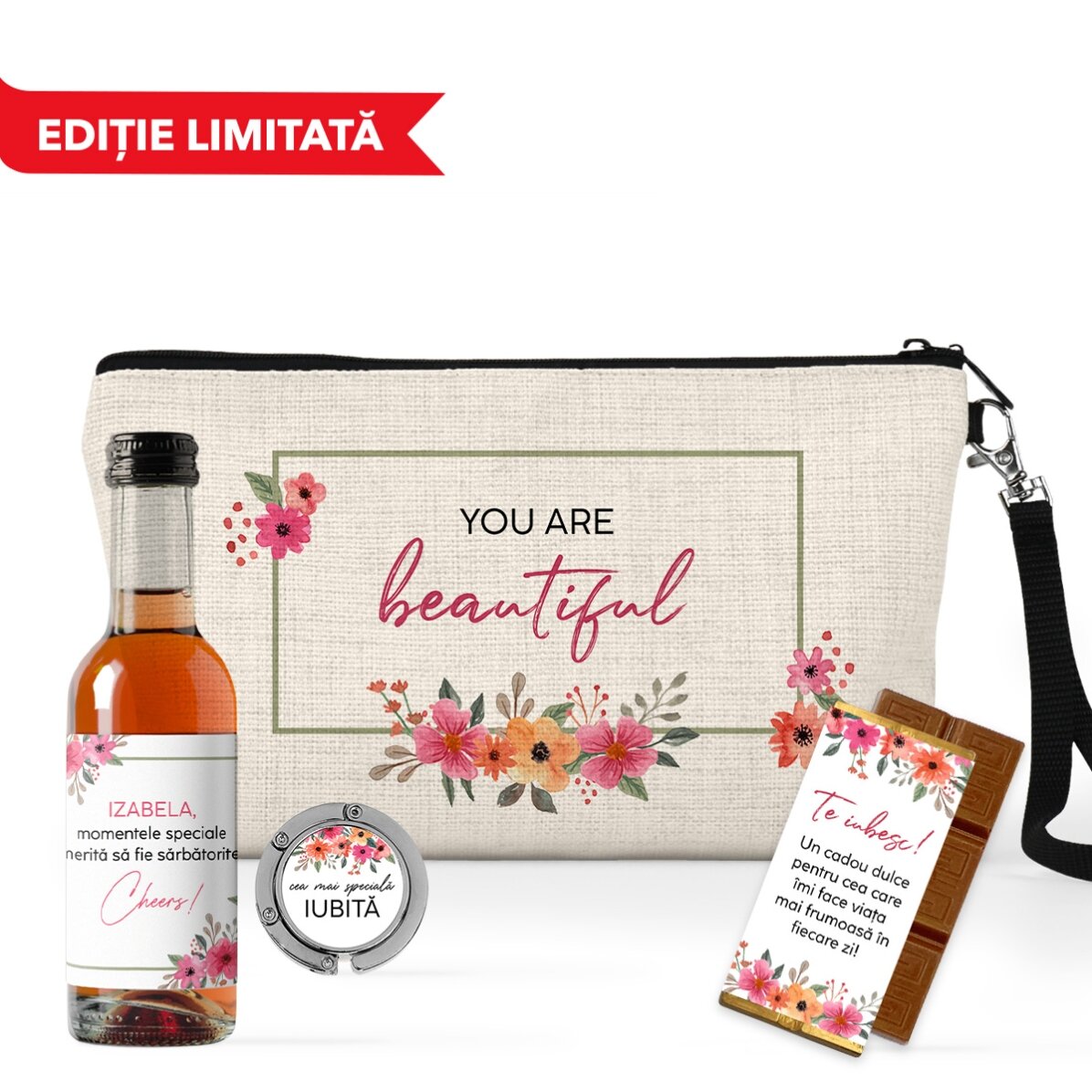 Set cadou cu mini sticluță de vin personalizată pentru ea