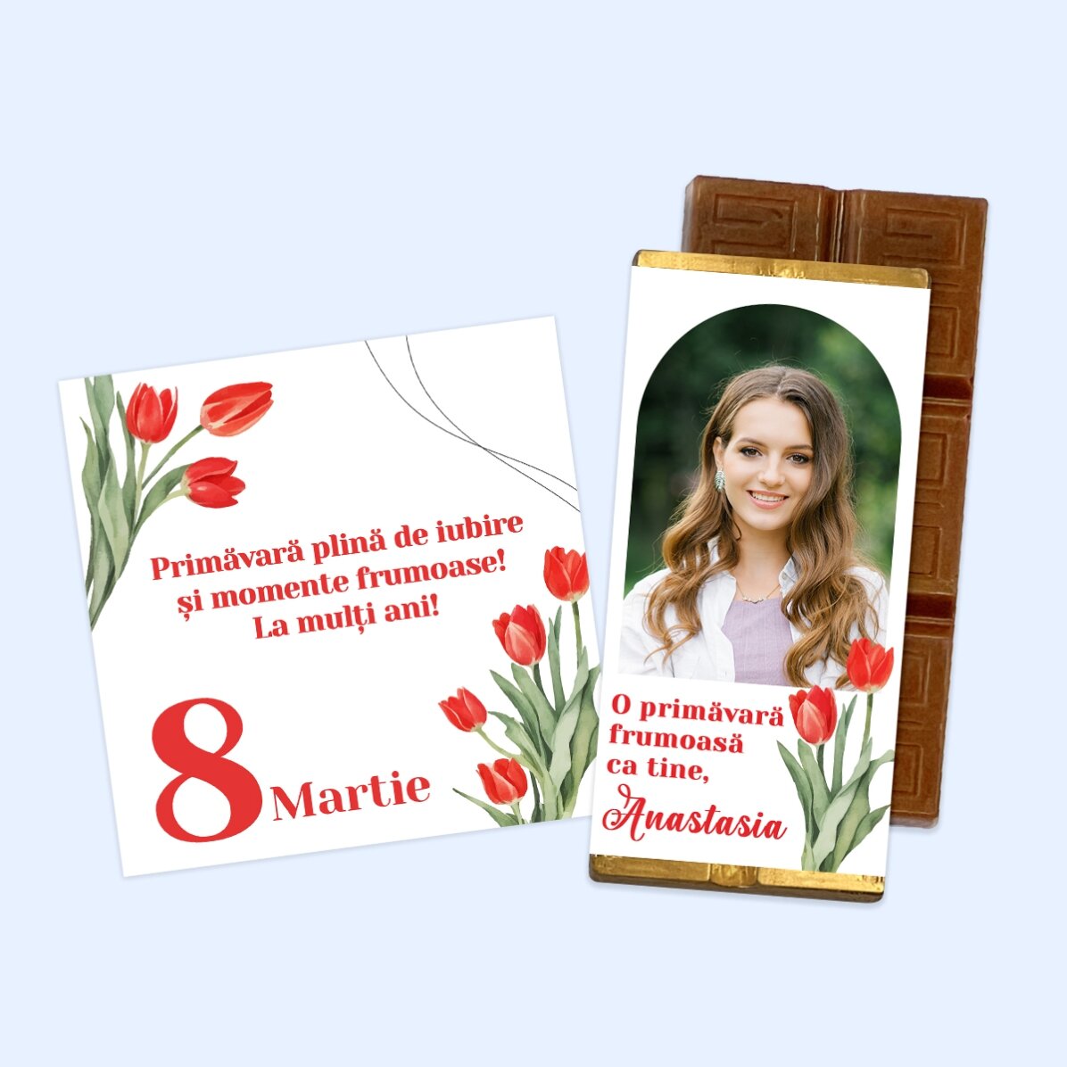 Set cadou de 8 Martie cu magnet și mini tabletă de ciocolată personalizată