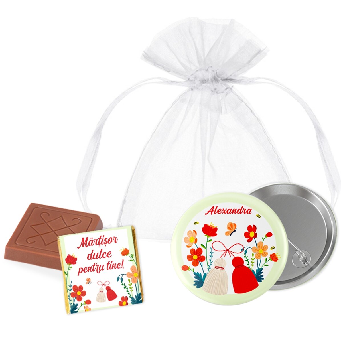Set cadou mărțișor cu mini ciocolată și insignă personalizată cu nume
