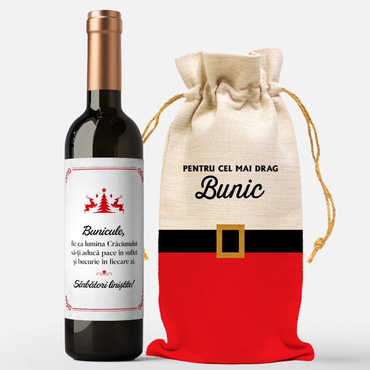 Set cadou sticlă și săculeț de vin pentru bunic