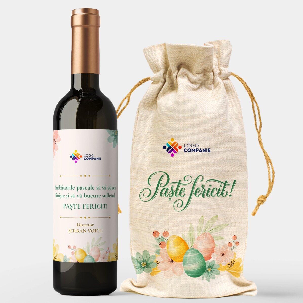 Set cadou sticlă și săculeț de vin personalizate cu logo - Paște fericit!