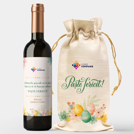 Set cadou sticlă și săculeț de vin personalizate cu logo - Paște fericit!