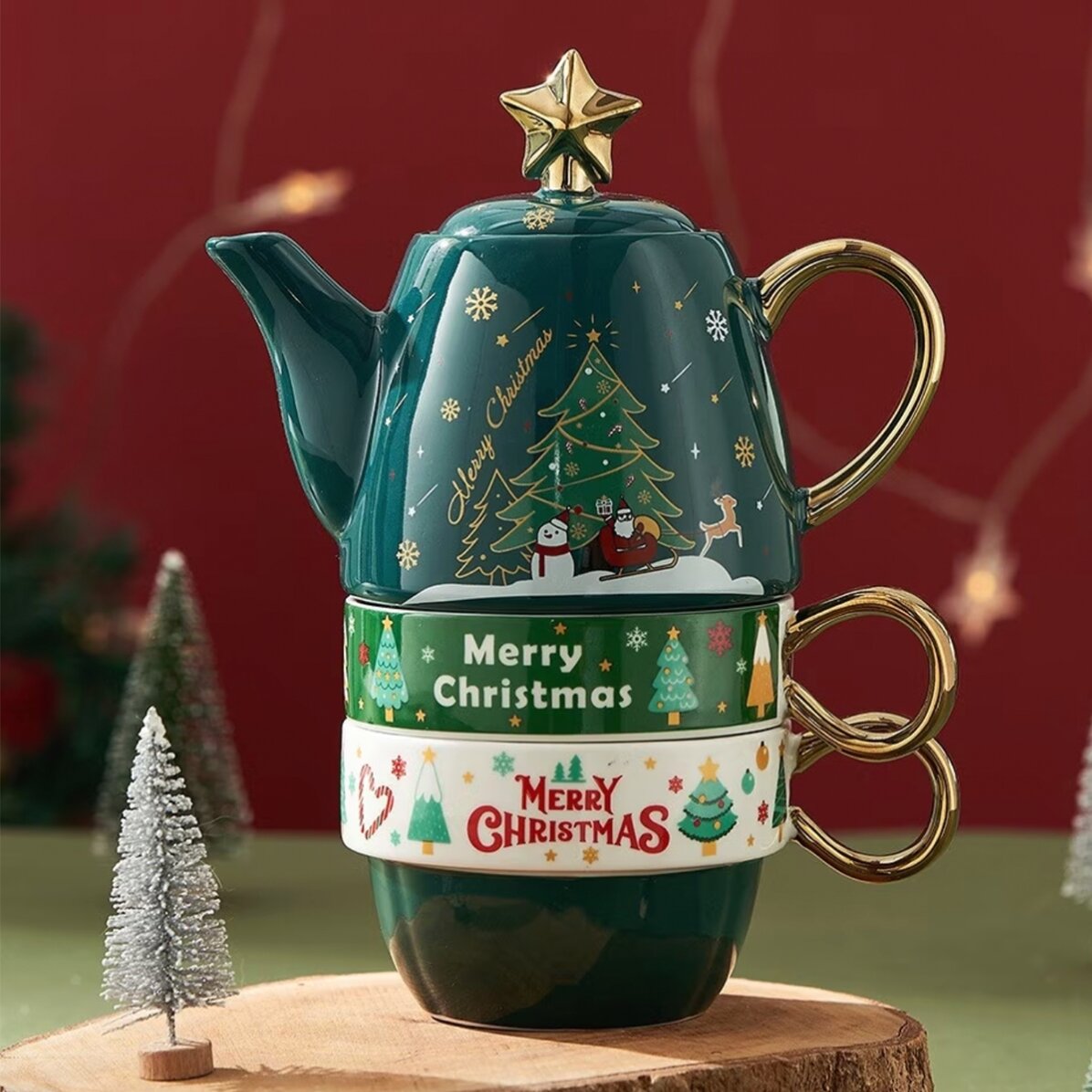 Set cadou de 2 căni și ceainic de Crăciun 