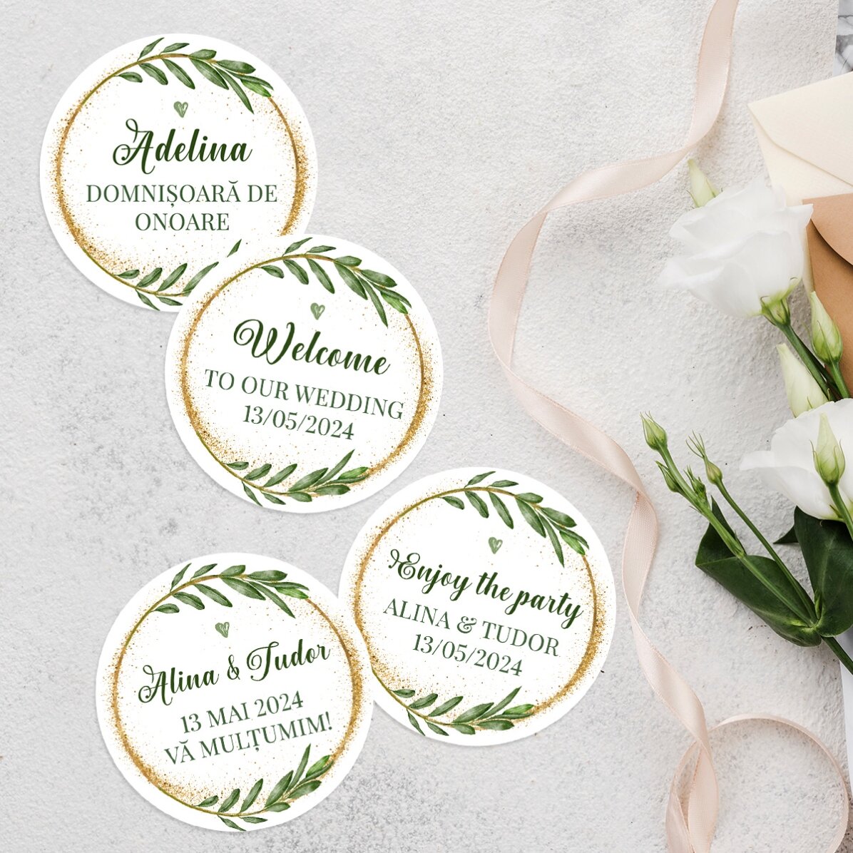 Set de 12 stickere (etichetă autoadezivă) mărturii rotunde personalizate cu mesaj 